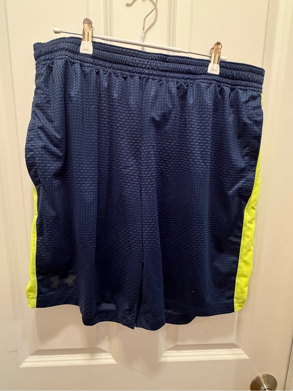 Under Armour Men’s Navy Athletic Shorts with Neon Yellow Side Stripes